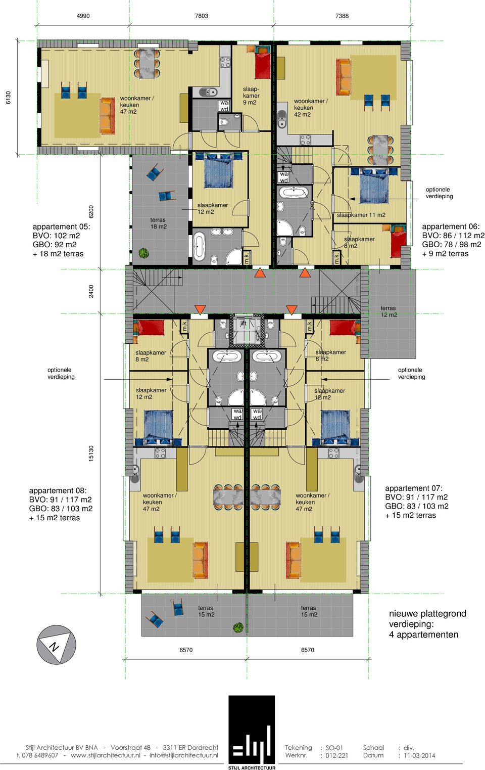 m2 15130 appartement 08: BVO: 91 / 117 m2 GBO: 83 / 103 m2 + 15 m2 terras woonkamer / keuken 47 m2 woonkamer / keuken 47 m2 appartement 07: BVO: 91 / 117 m2 GBO: 83 /