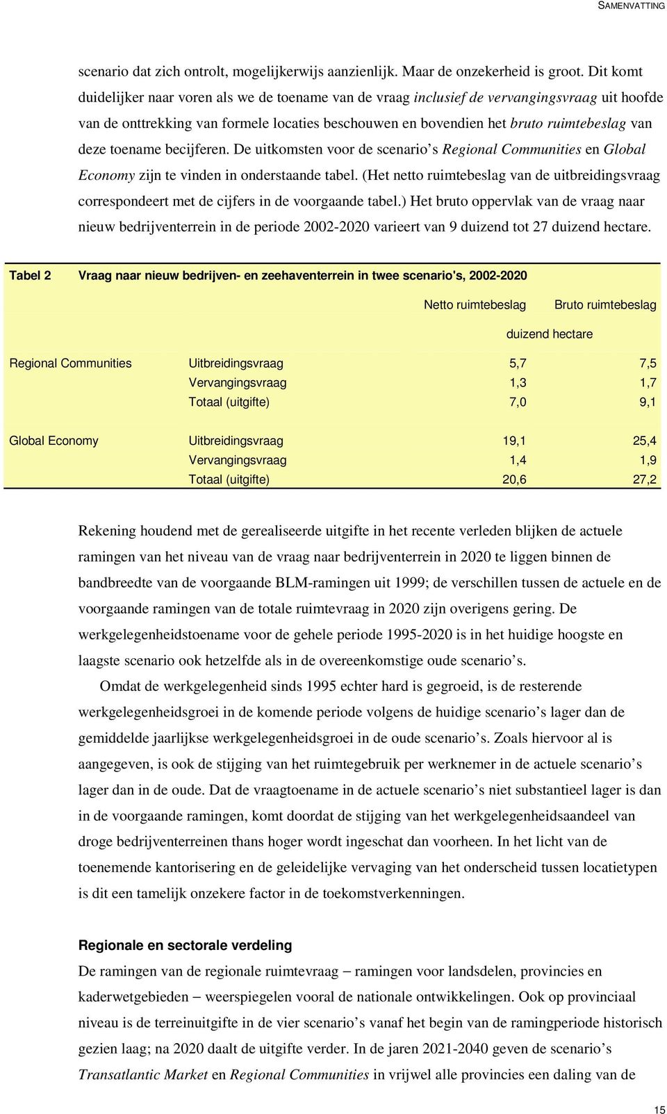 toename becijferen. De uitkomsten voor de scenario s Regional Communities en Global Economy zijn te vinden in onderstaande tabel.