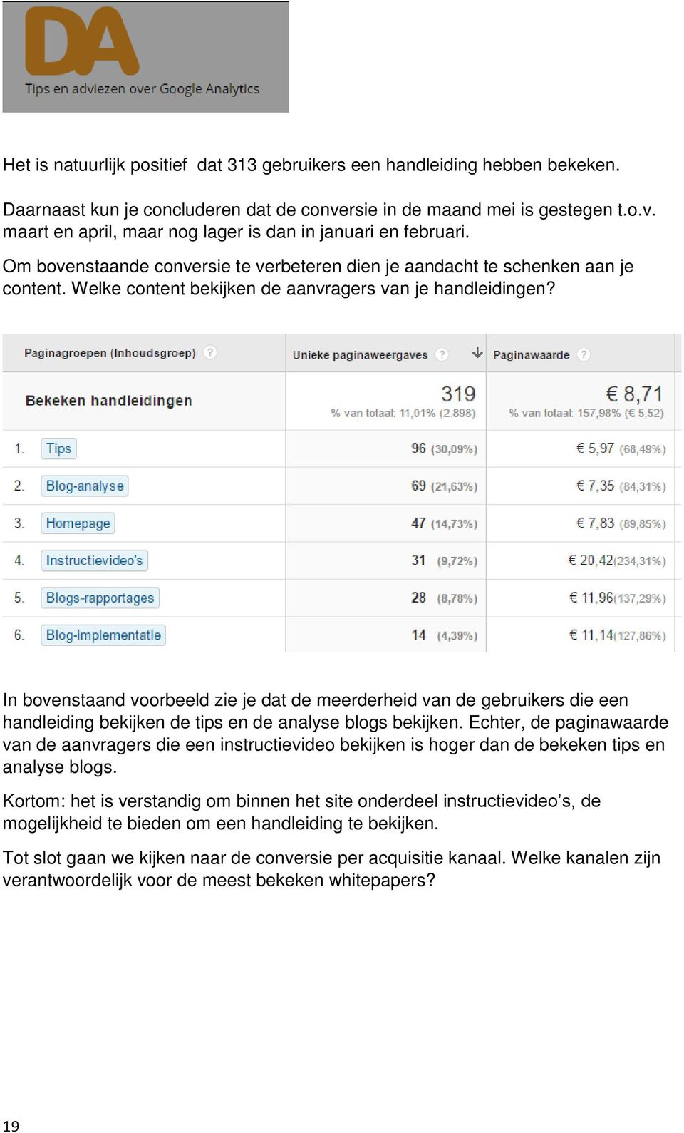 In bovenstaand voorbeeld zie je dat de meerderheid van de gebruikers die een handleiding bekijken de tips en de analyse blogs bekijken.