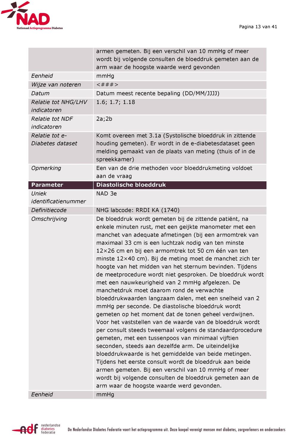 18 Relatie tot NDF 2a;2b Relatie tot e- Komt overeen met 3.1a (Systolische bloeddruk in zittende Diabetes houding gemeten).