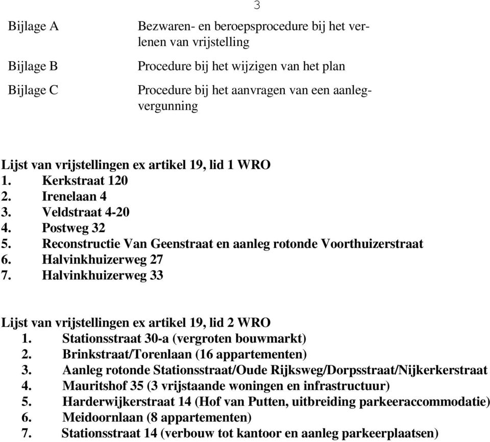 Halvinkhuizerweg 33 Lijst van vrijstellingen ex artikel 19, lid 2 WRO 1. Stationsstraat 30-a (vergroten bouwmarkt) 2. Brinkstraat/Torenlaan (16 appartementen) 3.