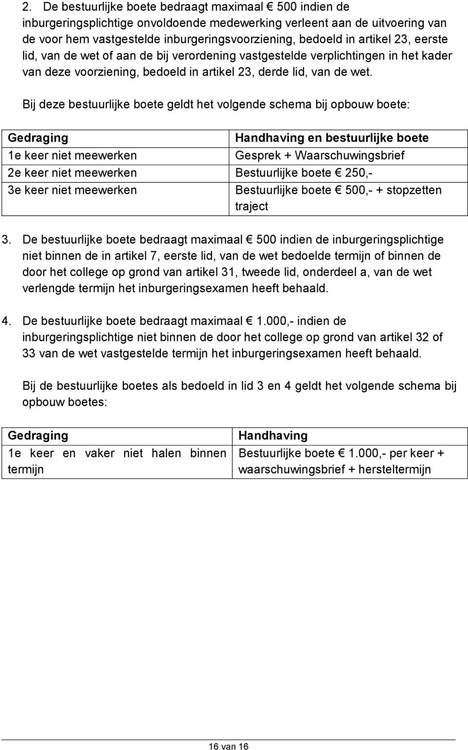 Bij deze bestuurlijke boete geldt het volgende schema bij opbouw boete: Gedraging Handhaving en bestuurlijke boete 1e keer niet meewerken Gesprek + Waarschuwingsbrief 2e keer niet meewerken