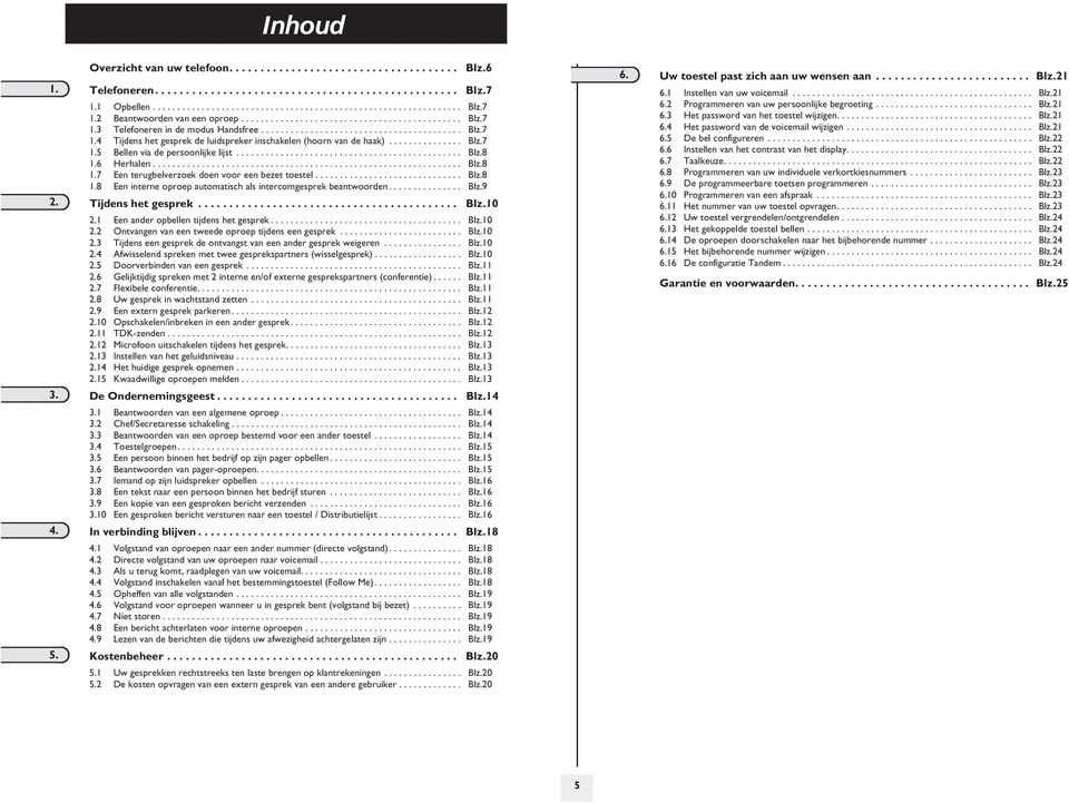 .............. Blz.7 1. Bellen via de persoonlijke lijst.............................................. Blz.8 1. Herhalen............................................................... Blz.8 1.7 Een terugbelverzoek doen voor een bezet toestel.