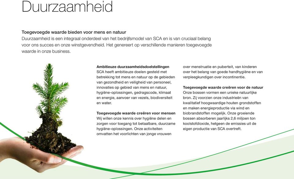 Ambitieuze duurzaamheidsdoelstellingen SCA heeft ambitieuze doelen gesteld met betrekking tot mens en natuur op de gebieden van gezondheid en veiligheid van personeel, innovaties op gebied van mens