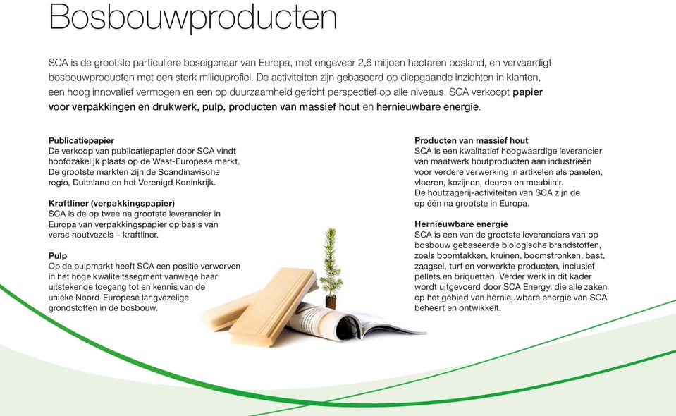 SCA verkoopt papier voor verpakkingen en drukwerk, pulp, producten van massief hout en hernieuwbare energie.