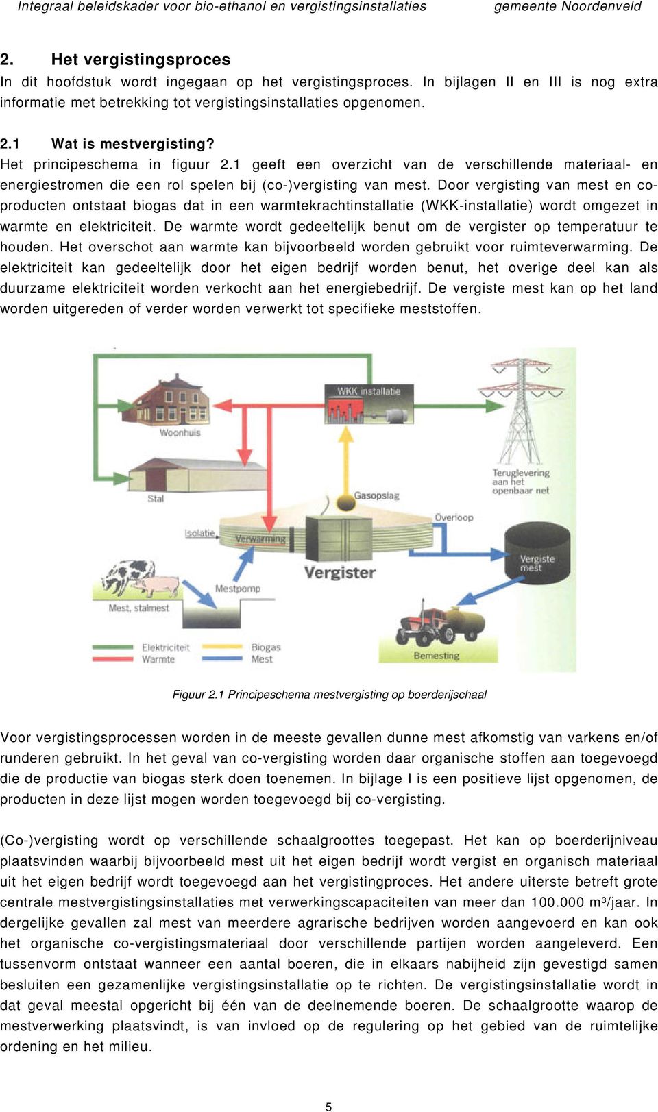 Door vergisting van mest en coproducten ontstaat biogas dat in een warmtekrachtinstallatie (WKK-installatie) wordt omgezet in warmte en elektriciteit.