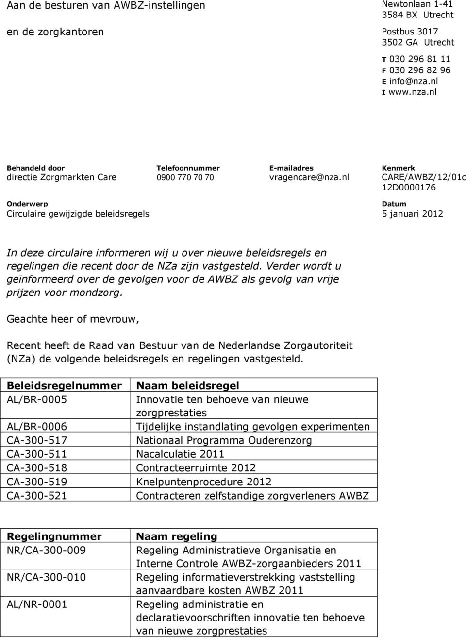 nl Onderwerp Datum Circulaire gewijzigde beleidsregels 5 januari 2012 In deze circulaire informeren wij u over nieuwe beleidsregels en regelingen die recent door de NZa zijn vastgesteld.