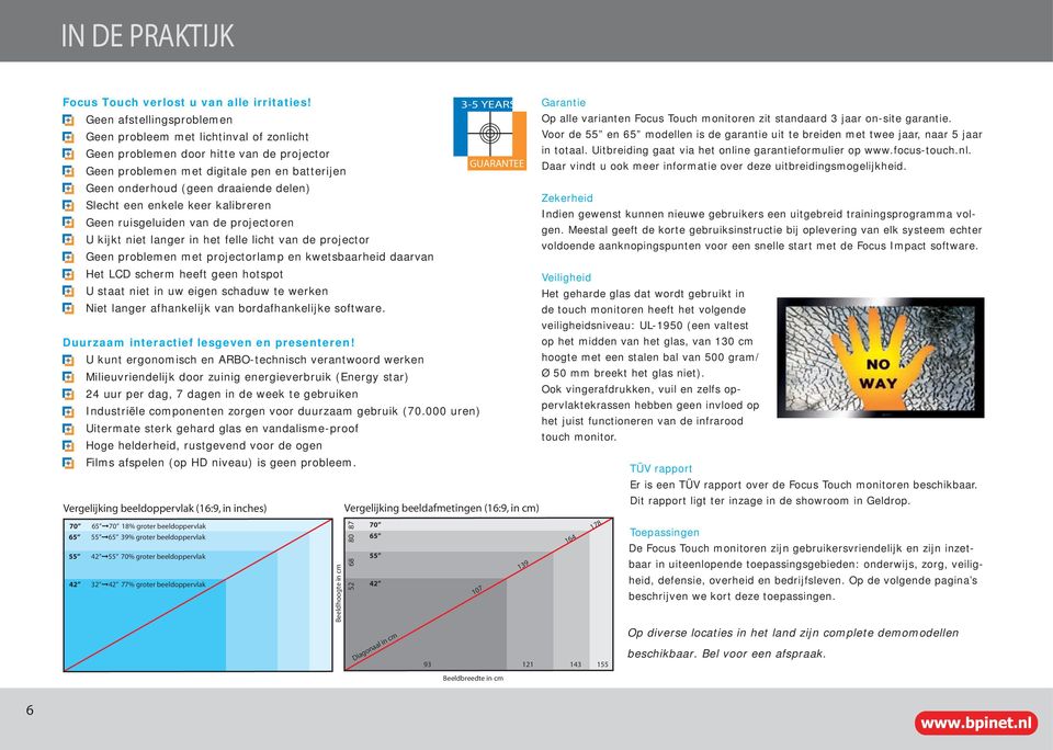 varianten Focus Touch monitoren zit standaard 3 jaar on-site garantie. Voor de 55 en 65 modellen is de garantie uit te breiden met twee jaar, naar 5 jaar in totaal.