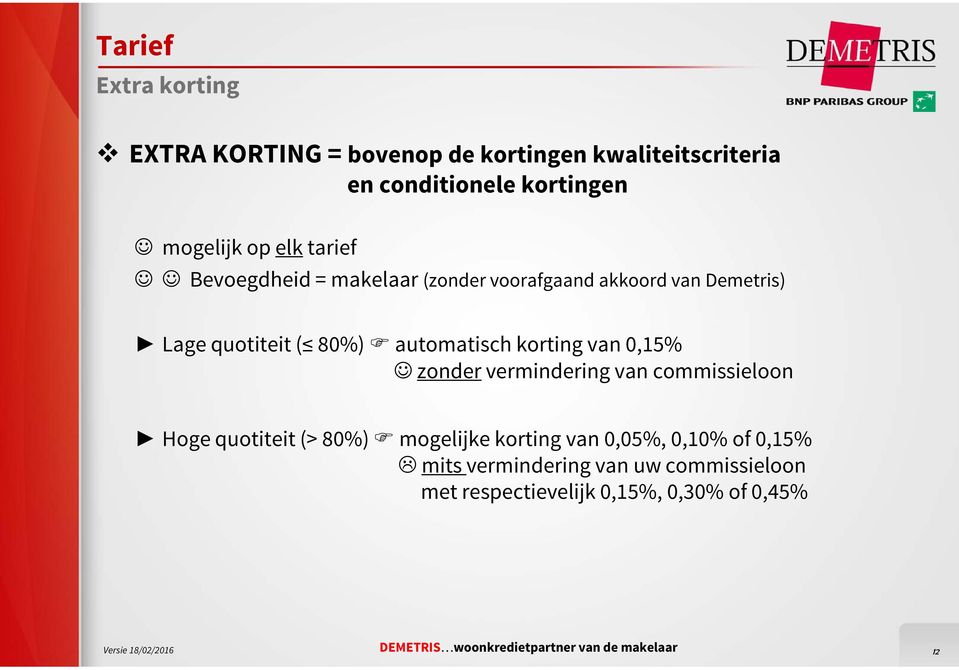 korting van 0,15% zonder vermindering van commissieloon Hoge quotiteit (> 80%) mogelijke korting van 0,05%,