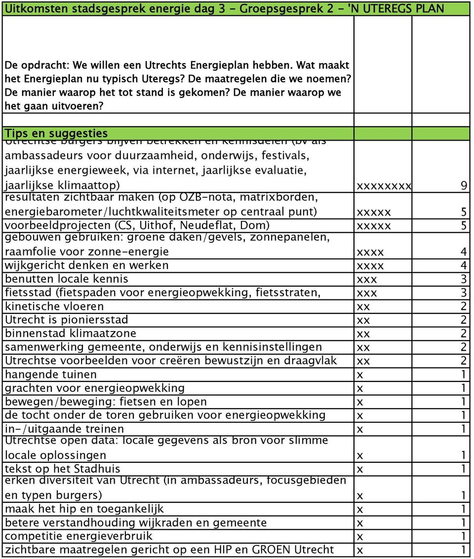 Tips en suggesties Utrechtse burgers blijven betrekken en kennisdelen (bv als ambassadeurs voor duurzaamheid, onderwijs, festivals, jaarlijkse energieweek, via internet, jaarlijkse evaluatie,