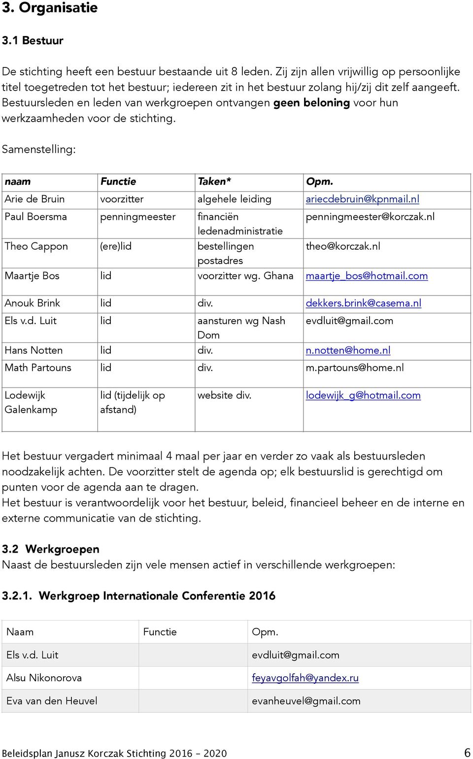 Bestuursleden en leden van werkgroepen ontvangen geen beloning voor hun werkzaamheden voor de stichting. Samenstelling: naam Functie Taken* Opm.