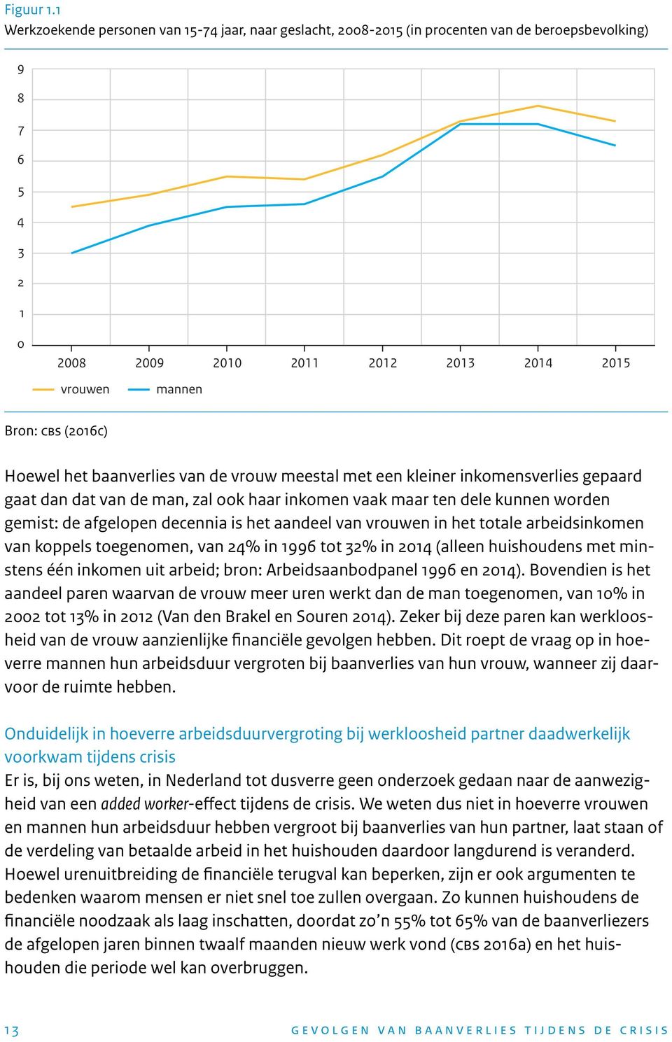 Hoewel het baanverlies van de vrouw meestal met een kleiner inkomensverlies gepaard gaat dan dat van de man, zal ook haar inkomen vaak maar ten dele kunnen worden gemist: de afgelopen decennia is het