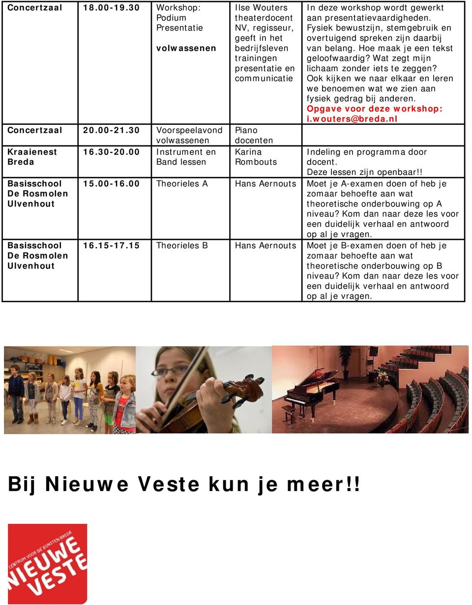 communicatie Piano docenten Karina Rombouts In deze workshop wordt gewerkt aan presentatievaardigheden. Fysiek bewustzijn, stemgebruik en overtuigend spreken zijn daarbij van belang.