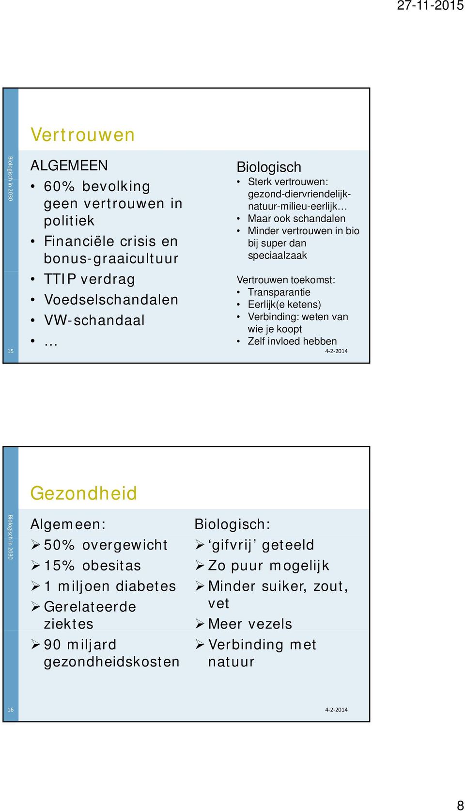 toekomst: Transparantie Eerlijk(e ketens) Verbinding: weten van wie je koopt Zelf invloed hebben Gezondheid Algemeen: 50% overgewicht 15% obesitas 1