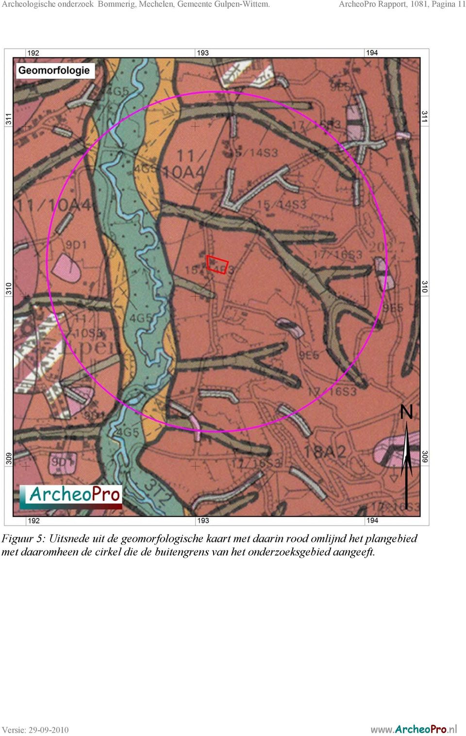 geomorfologische kaart met daarin rood omlijnd het plangebied met