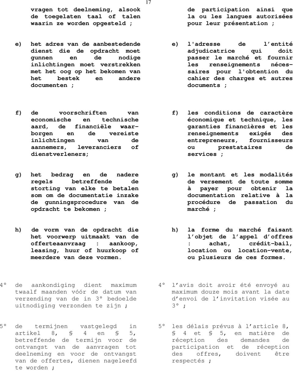 doit passer le marché et fournir les renseignements nécessaires pour l'obtention du cahier des charges et autres documents ; f) de voorschriften van economische en technische aard, de financiële