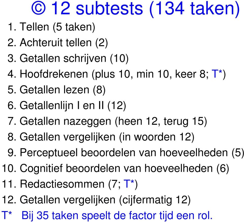 Getallen nazeggen (heen 12, terug 15) 8. Getallen vergelijken (in woorden 12) 9.