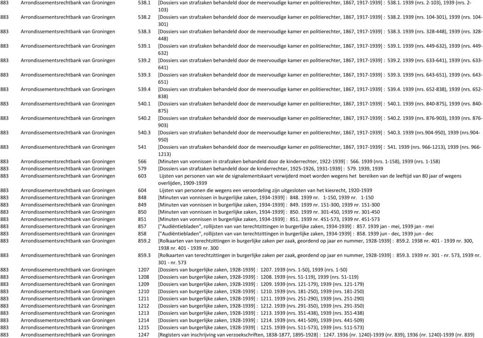 104-301) 883 Arrondissementsrechtbank van Groningen 538.3 [Dossiers van strafzaken behandeld door de meervoudige kamer en politierechter, 1867, 1917-1939] : 538.3. 1939 (nrs. 328-448), 1939 (nrs.