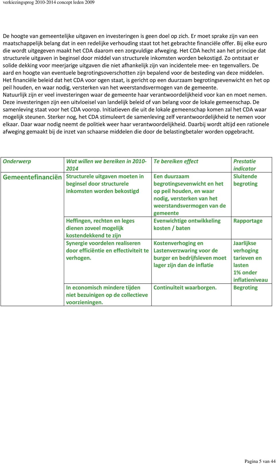 Het CDA hecht aan het principe dat structurele uitgaven in beginsel door middel van structurele inkomsten worden bekostigd.