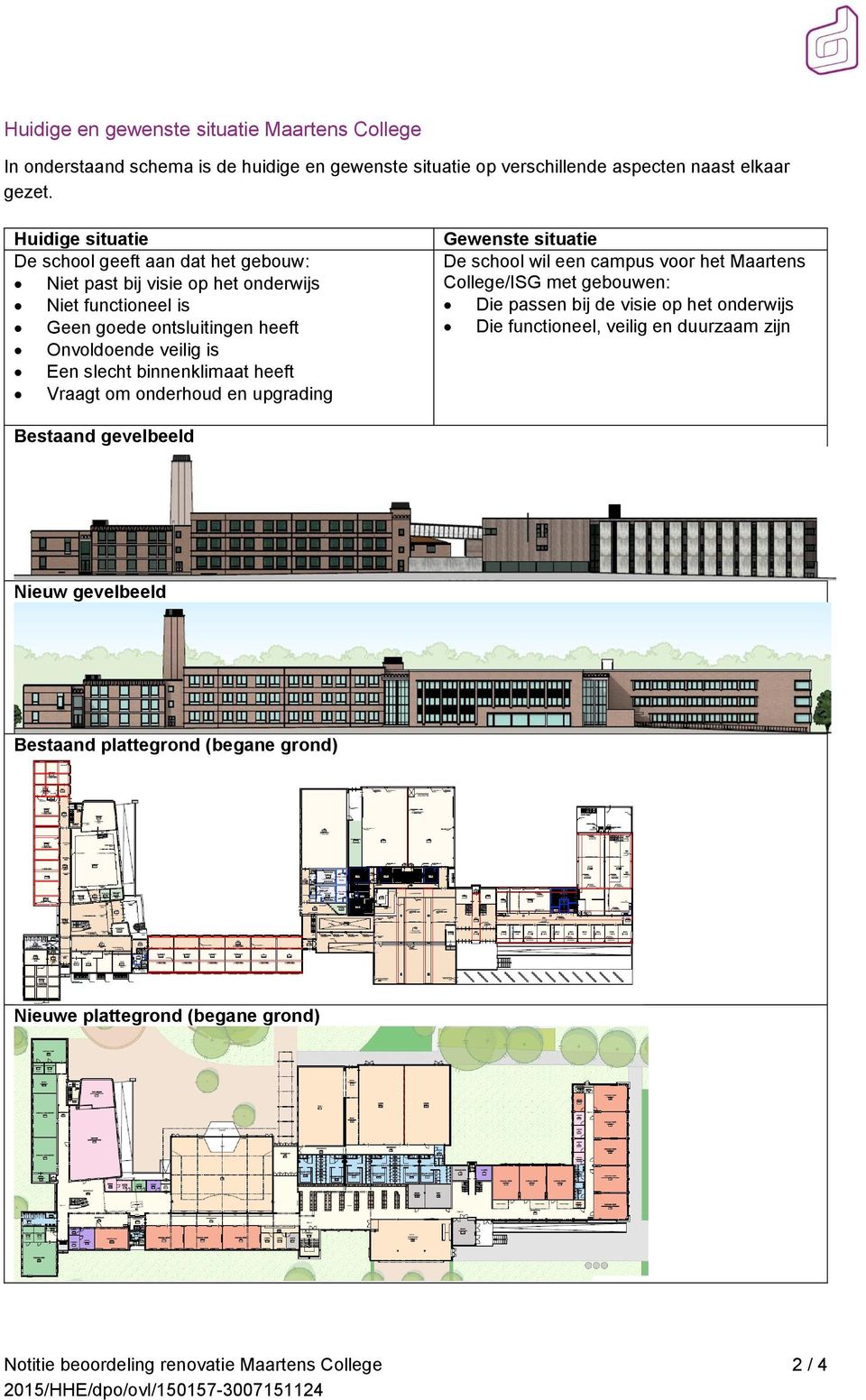 binnenklimaat heeft Vraagt om onderhoud en upgrading Gewenste situatie De school wil een campus voor het Maartens College/ISG met gebouwen: Die passen bij de visie op het onderwijs Die