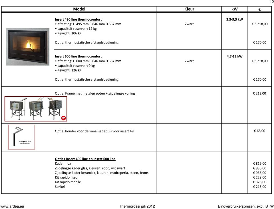 218,00 capaciteit reservoir: 0 kg gewicht: 126 kg Optie: Frame met metalen poten + zijdelingse vulling 213,00 Optie: houder voor de kanalisatiebuis voor insert