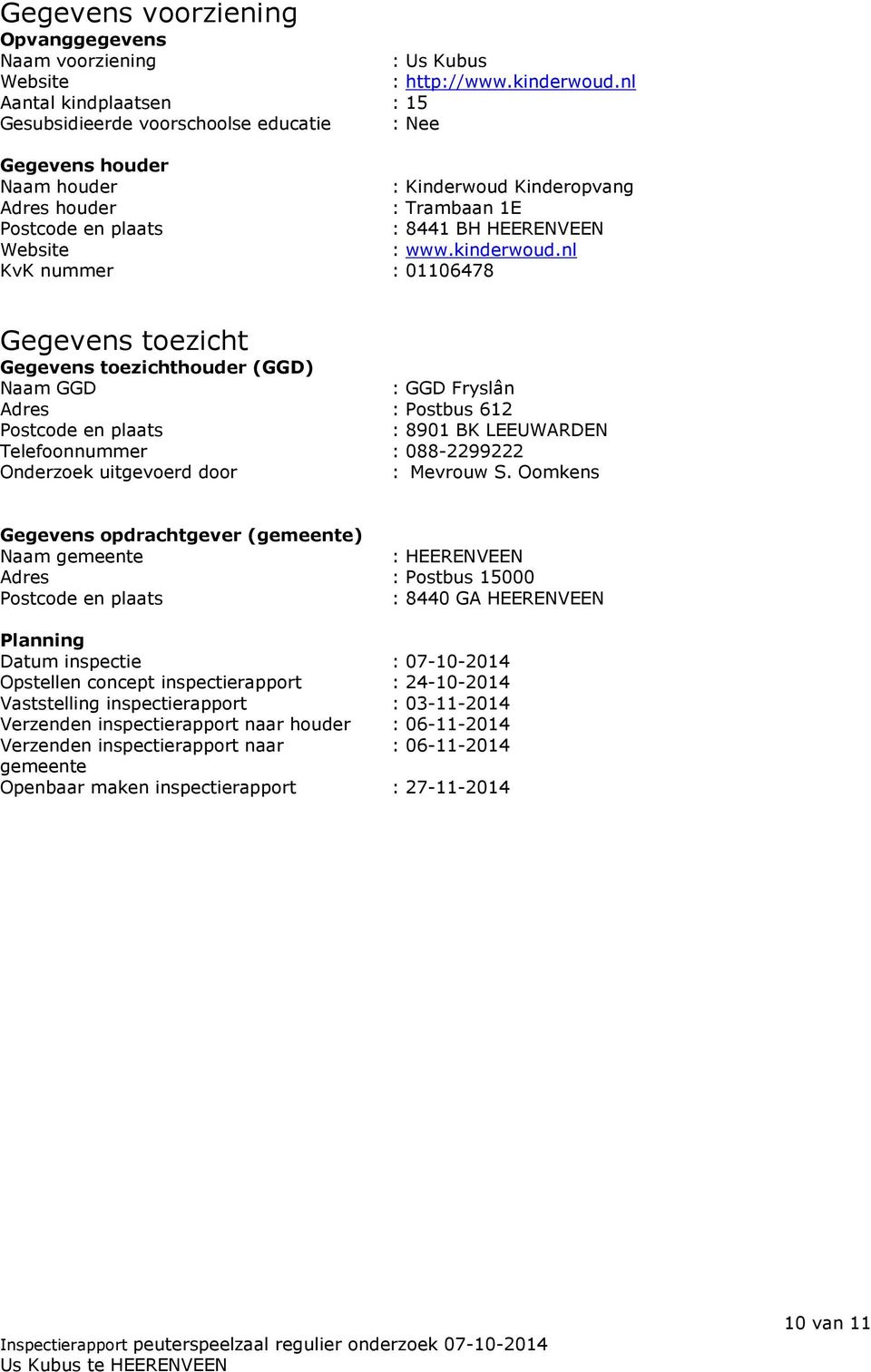 nl KvK nummer : 01106478 Gegevens toezicht Gegevens toezichthouder (GGD) Naam GGD : GGD Fryslân Adres : Postbus 612 Postcode en plaats : 8901 BK LEEUWARDEN Telefoonnummer : 088-2299222 Onderzoek