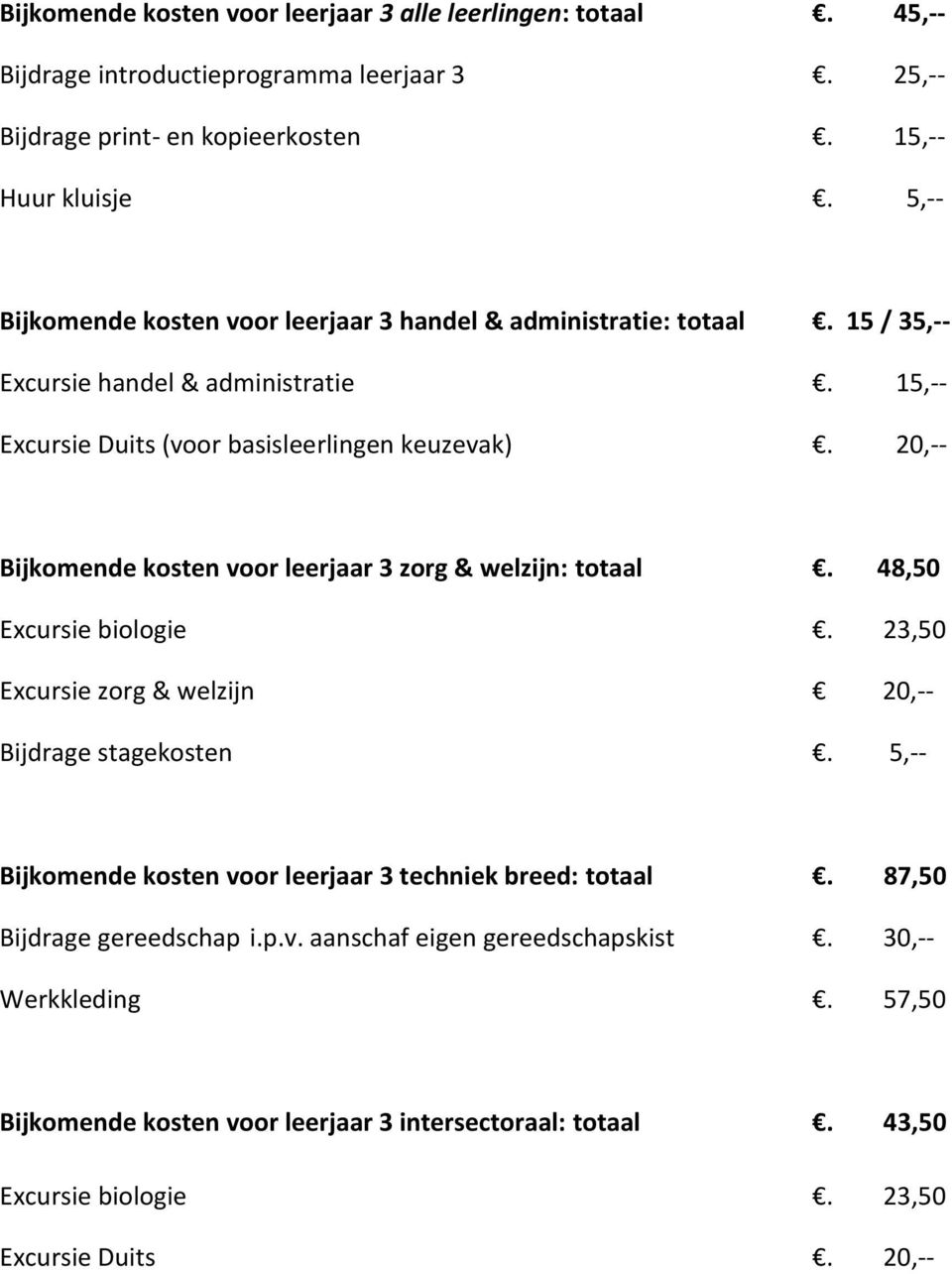 20,-- Bijkomende kosten voor leerjaar 3 zorg & welzijn: totaal. 48,50 Excursie biologie. 23,50 Excursie zorg & welzijn 20,-- Bijdrage stagekosten.