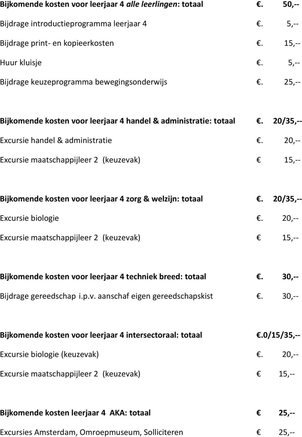 20,-- Bijkomende kosten voor leerjaar 4 zorg & welzijn: totaal. 20/35,-- Excursie biologie. 20,-- Bijkomende kosten voor leerjaar 4 techniek breed: totaal.