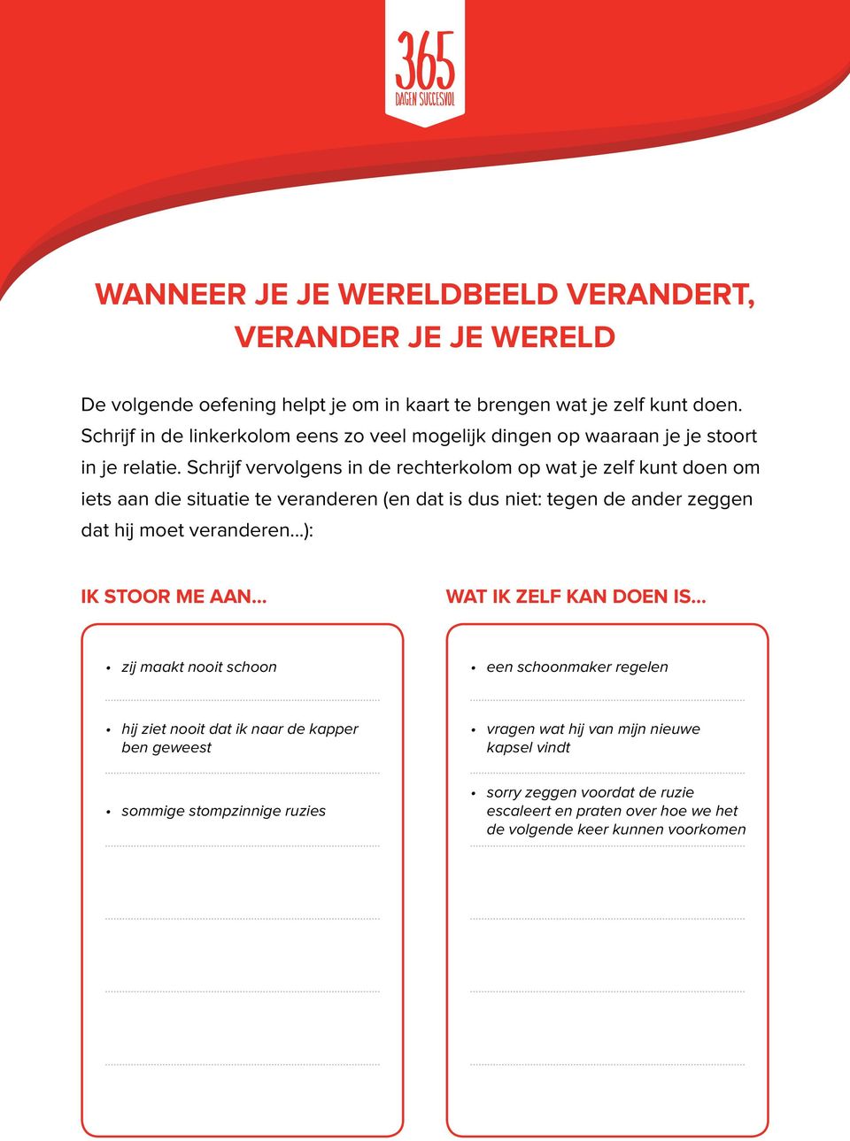 Schrijf vervolgens in de rechterkolom op wat je zelf kunt doen om iets aan die situatie te veranderen (en dat is dus niet: tegen de ander zeggen dat hij moet veranderen.