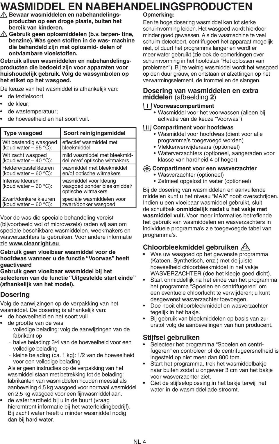 Gebruik alleen wasmiddelen en nabehandelingsproducten die bedoeld zijn voor apparaten voor huishoudelijk gebruik. Volg de wassymbolen op het etiket op het wasgoed.