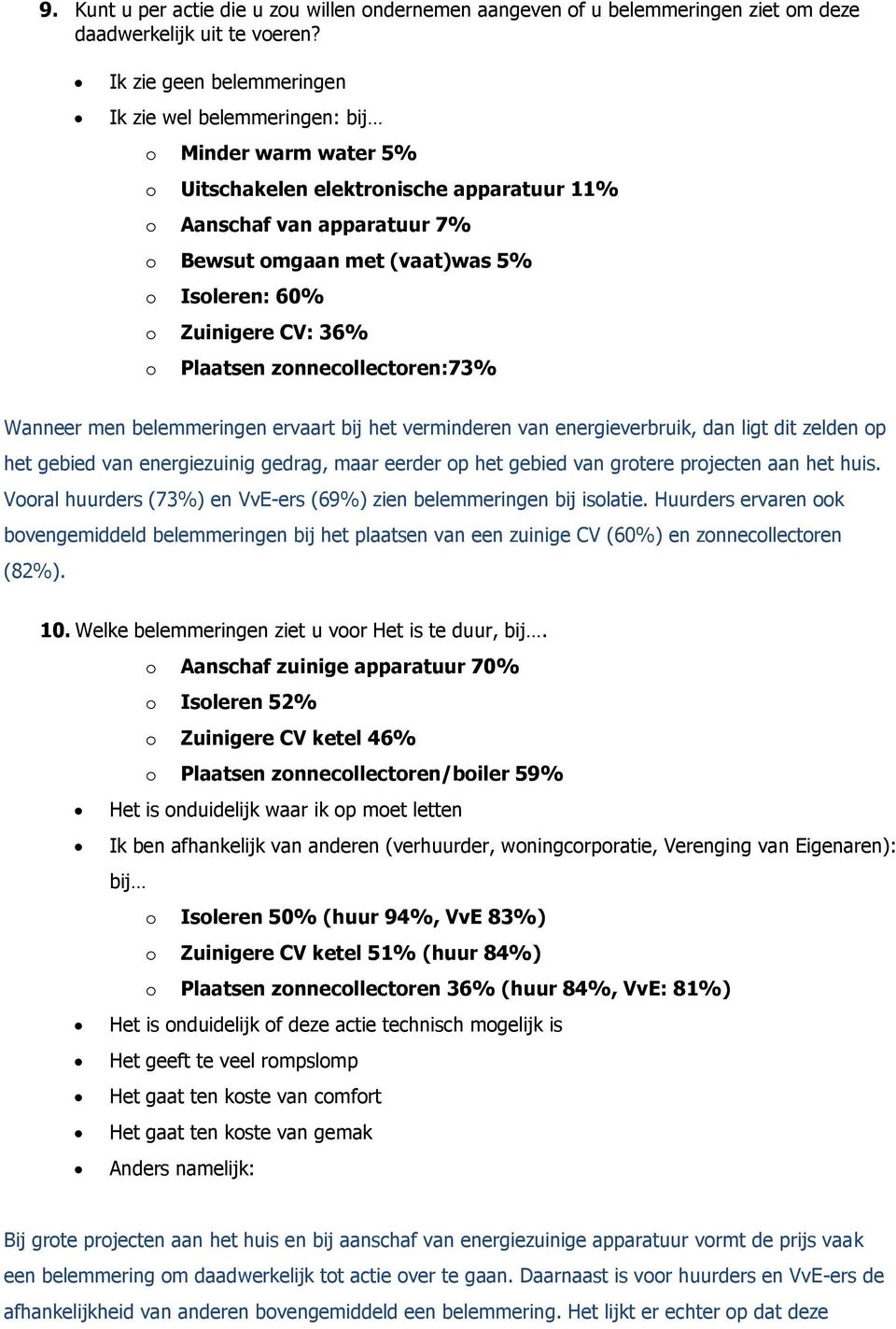 60% o Zuinigere CV: 36% o Plaatsen zonnecollectoren:73% Wanneer men belemmeringen ervaart bij het verminderen van energieverbruik, dan ligt dit zelden op het gebied van energiezuinig gedrag, maar