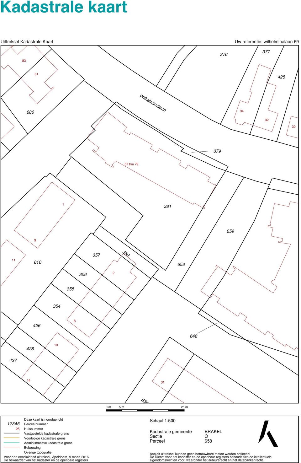 Voor een eensluidend uittreksel, Apeldoorn, 9 maart 2016 De bewaarder van het kadaster en de openbare registers 12345 4 5m 25 m Schaal 1:500 Kadastrale gemeente Sectie Perceel BRAKEL O 658 Aan dit
