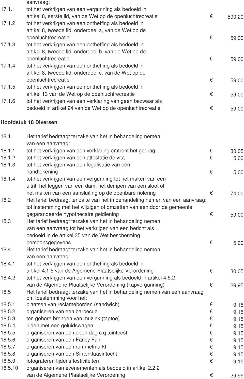 1.5 tot het verkrijgen van een ontheffing als bedoeld in artikel 13 van de Wet op de openluchtrecreatie 59,00 17.1.6 tot het verkrijgen van een verklaring van geen bezwaar als bedoeld in artikel 24 van de Wet op de openluchtrecreatie 59,00 Hoofdstuk 18 Diversen 18.