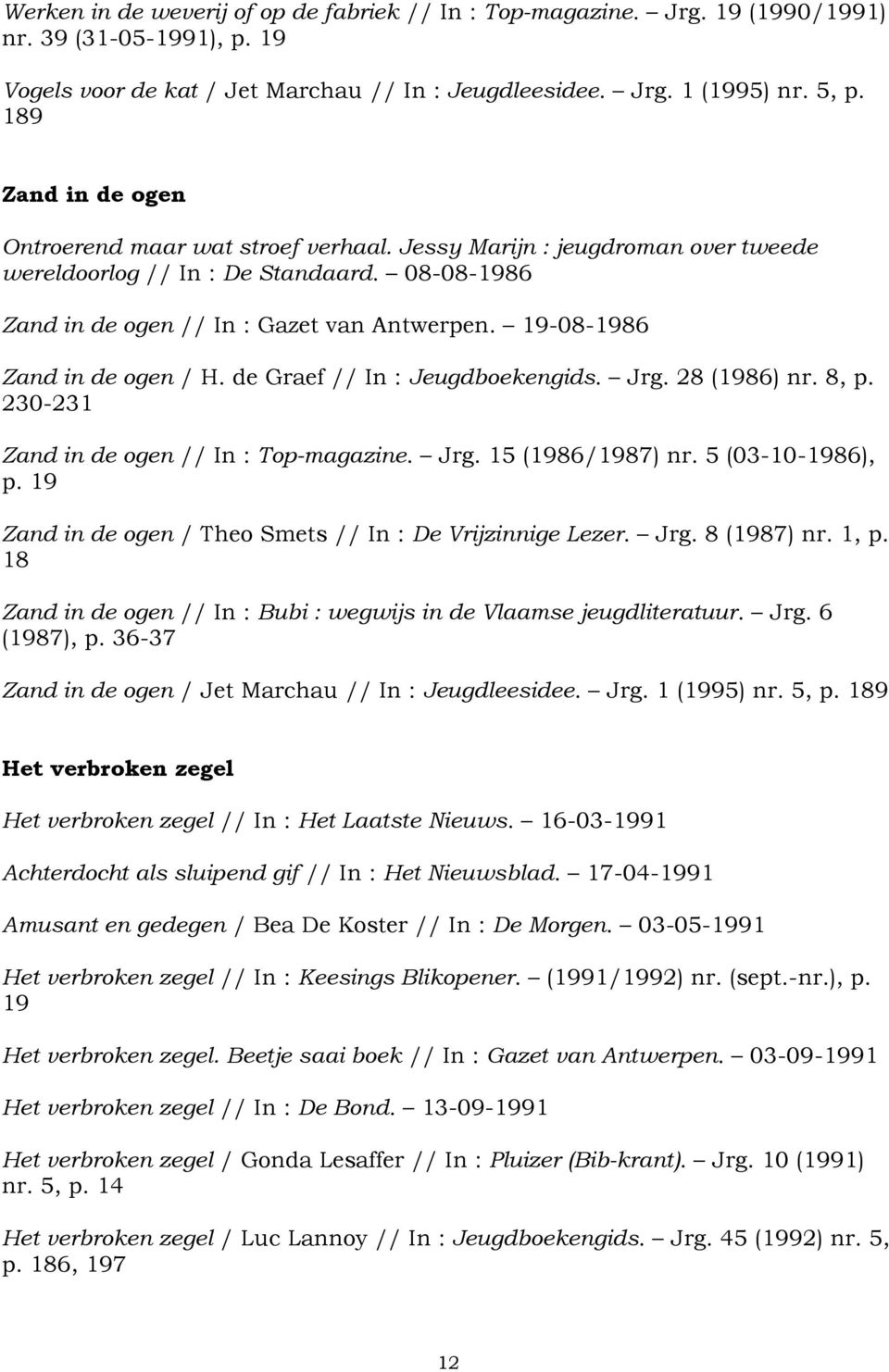 19-08-1986 Zand in de ogen / H. de Graef // In : Jeugdboekengids. Jrg. 28 (1986) nr. 8, p. 230-231 Zand in de ogen // In : Top-magazine. Jrg. 15 (1986/1987) nr. 5 (03-10-1986), p.