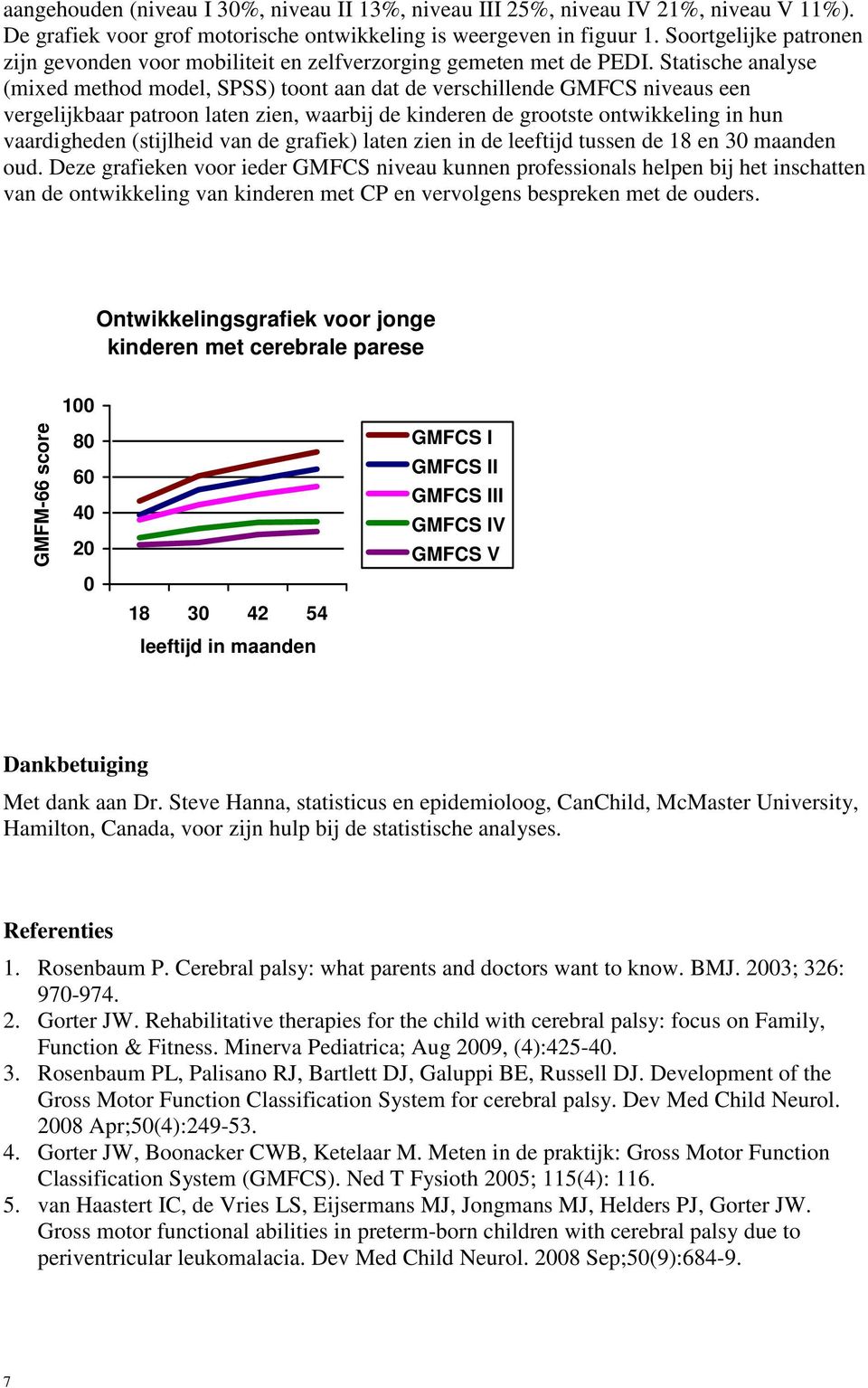 Statische analyse (mixed method model, SPSS) toont aan dat de verschillende GMFCS niveaus een vergelijkbaar patroon laten zien, waarbij de kinderen de grootste ontwikkeling in hun vaardigheden