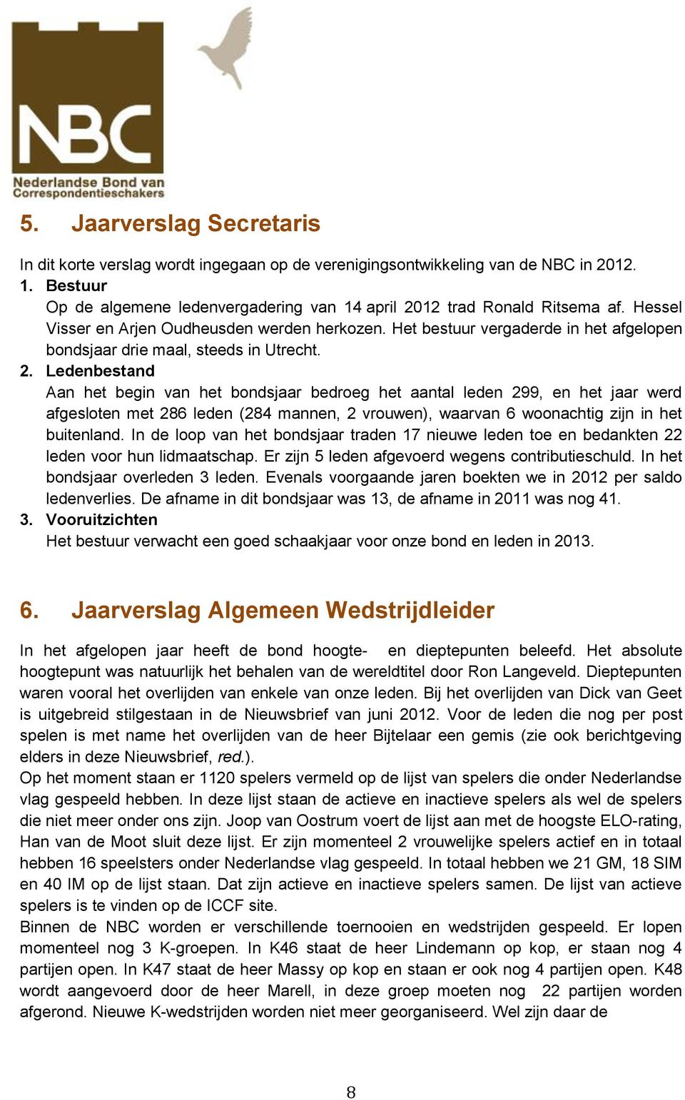 Ledenbestand Aan het begin van het bondsjaar bedroeg het aantal leden 299, en het jaar werd afgesloten met 286 leden (284 mannen, 2 vrouwen), waarvan 6 woonachtig zijn in het buitenland.