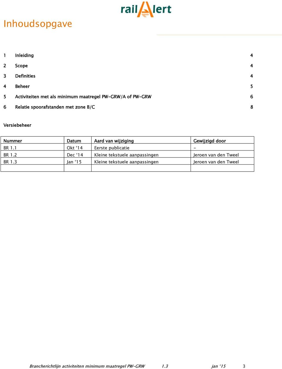 1.1 Okt 14 Eerste publicatie - BR 1.2 Dec 14 Kleine tekstuele aanpassingen Jeroen van den Tweel BR 1.