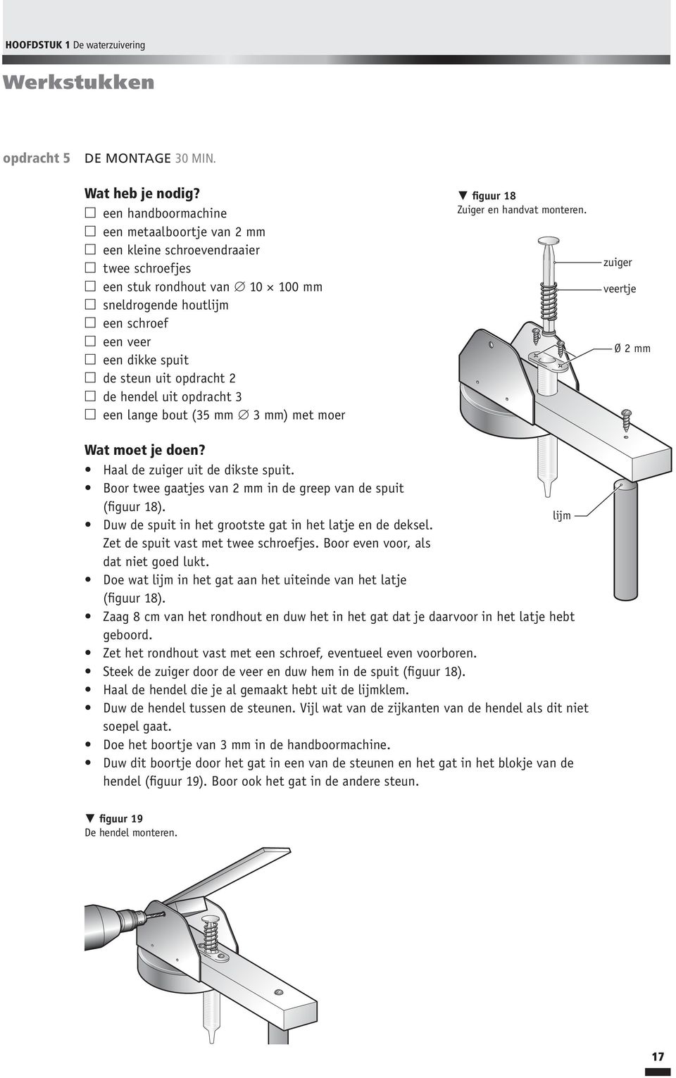 opdracht 2 de hendel uit opdracht 3 een lange bout (35 mm 3 mm) met moer figuur 18 Zuiger en handvat monteren. zuiger veertje Ø 2 mm Wat moet je doen? Haal de zuiger uit de dikste spuit.