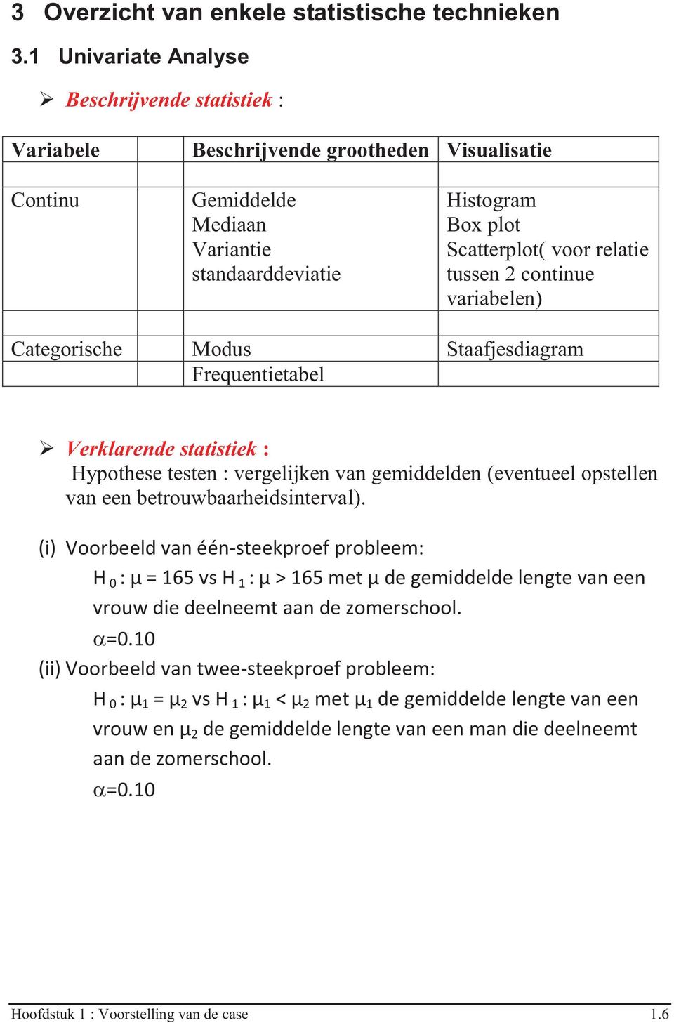 tussen 2 continue variabelen) Categorische Modus Staafjesdiagram Frequentietabel Verklarende statistiek : Hypothese testen : vergelijken van gemiddelden (eventueel opstellen van een