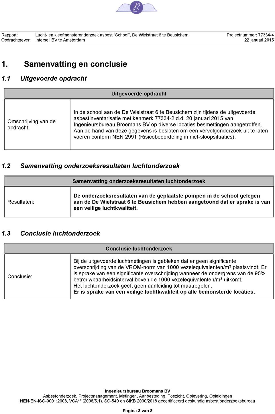 Aan de hand van deze gegevens is besloten om een vervolgonderzoek uit te laten voeren conform NEN 2991 (Risicobeoordeling in nietsloopsituaties). 1.