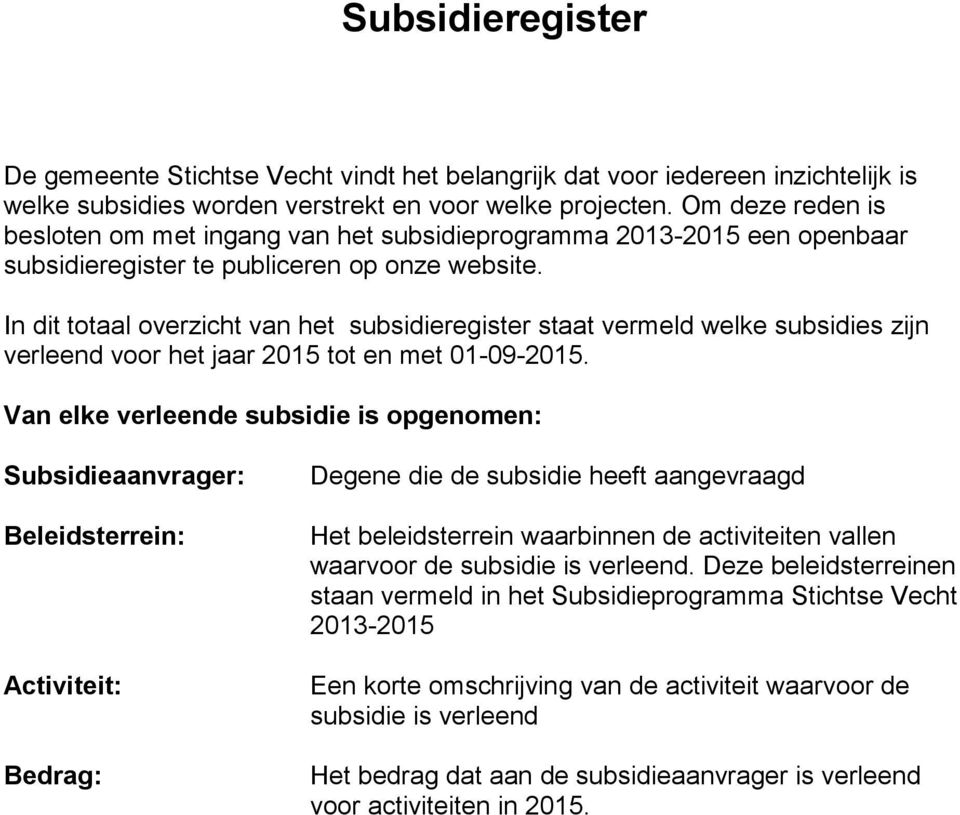 In dit totaal overzicht van het subsidieregister staat vermeld welke subsidies zijn verleend voor het jaar 2015 tot en met 01-09-2015.
