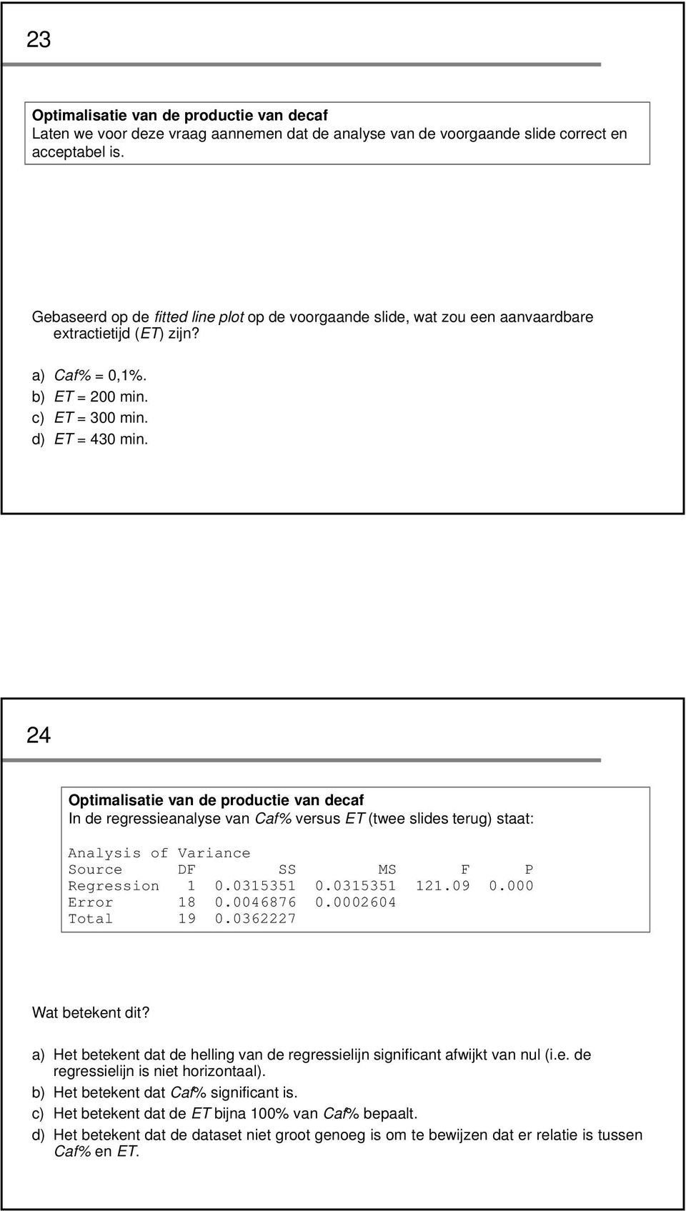 24 Optimalisatie van de productie van decaf In de regressieanalyse van Caf% versus ET (twee slides terug) staat: Analysis of Variance Source DF SS MS F P Regression 1 0.0315351 0.0315351 121.09 0.