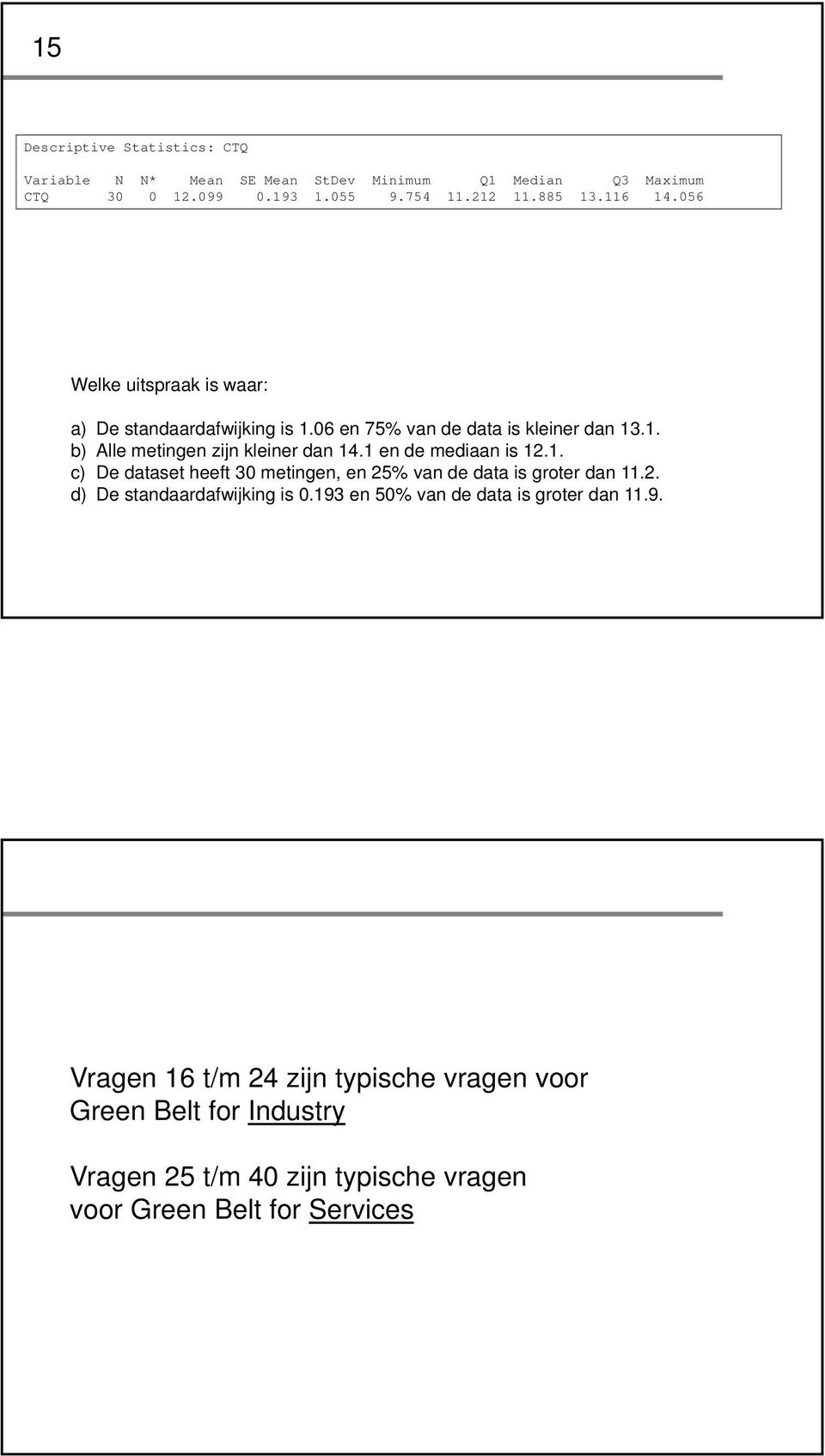 1 en de mediaan is 12.1. c) De dataset heeft 30 metingen, en 25% van de data is groter dan 11.2. d) De standaardafwijking is 0.