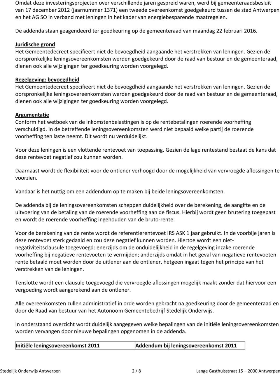 Juridische grond Het Gemeentedecreet specifieert niet de bevoegdheid aangaande het verstrekken van leningen.