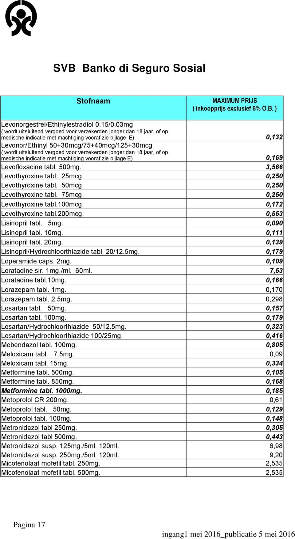 uitsluitend vergoed voor verzekerden jonger dan 18 jaar, of op medische indicatie met machtiging vooraf zie bijlage E) 0,169 Levofloxacine tabl. 500mg. 3,566 Levothyroxine tabl. 25mcg.