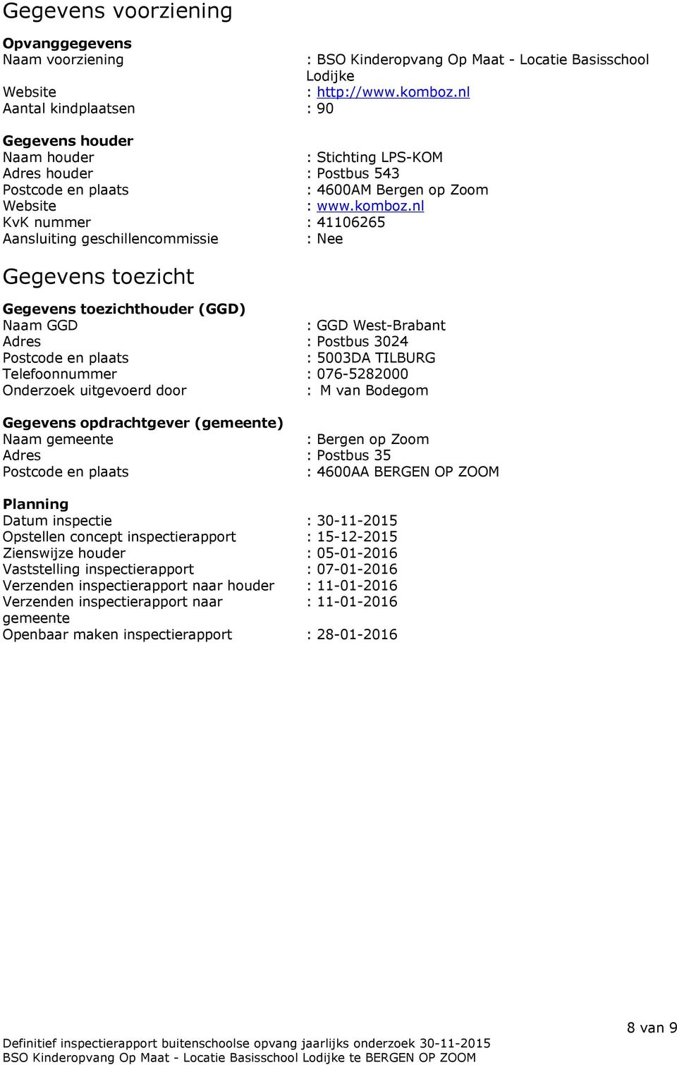 nl KvK nummer : 41106265 Aansluiting geschillencommissie : Nee Gegevens toezicht Gegevens toezichthouder (GGD) Naam GGD : GGD West-Brabant Adres : Postbus 3024 Postcode en plaats : 5003DA TILBURG