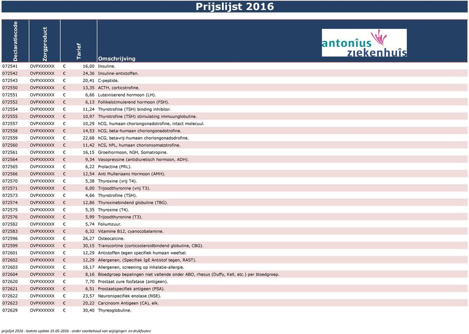 072555 OVPXXXXXX 10,97 Thyrotrofine (TSH) stimulating immuunglobuline. 072557 OVPXXXXXX 10,29 hcg, humaan choriongonadotrofine, intact molecuul.
