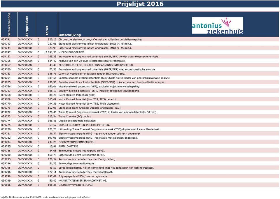 039752 OVPXXXXXX 265,35 Brainstem auditory evoked potentials (BAEP/BER) zonder auto-akoestische emissie. 039755 OVPXXXXXX 134,42 Analyse van een 24-uurs electrocardiografie registratie.