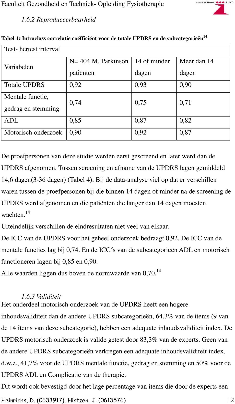 proefpersonen van deze studie werden eerst gescreend en later werd dan de UPDRS afgenomen. Tussen screening en afname van de UPDRS lagen gemiddeld 14,6 dagen(3-36 dagen) (Tabel 4).