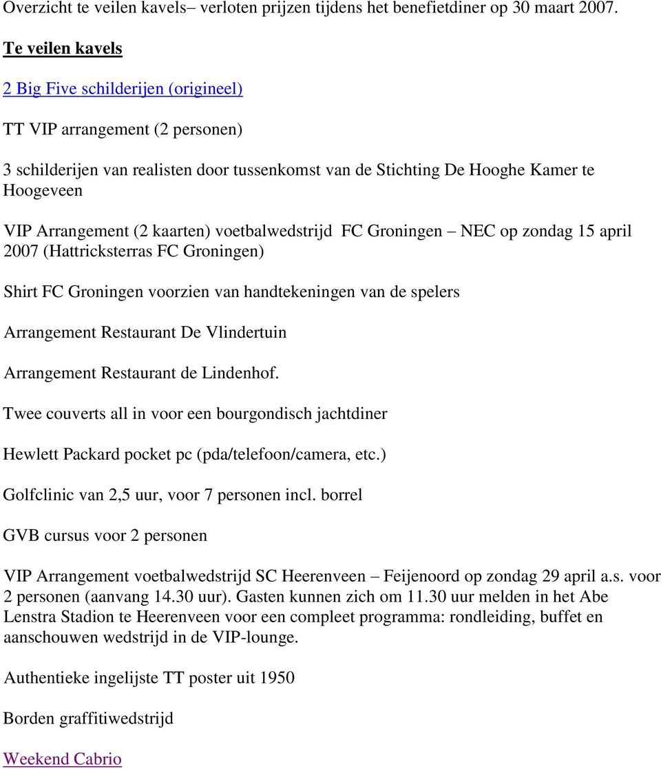 kaarten) voetbalwedstrijd FC Groningen NEC op zondag 15 april 2007 (Hattricksterras FC Groningen) Shirt FC Groningen voorzien van handtekeningen van de spelers Arrangement Restaurant De Vlindertuin